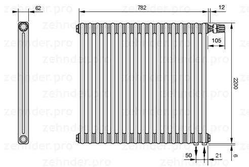 Схема (чертеж) Радиатор Zehnder Charleston 2220/17 №V002 Белый глянцевый RAL 9016